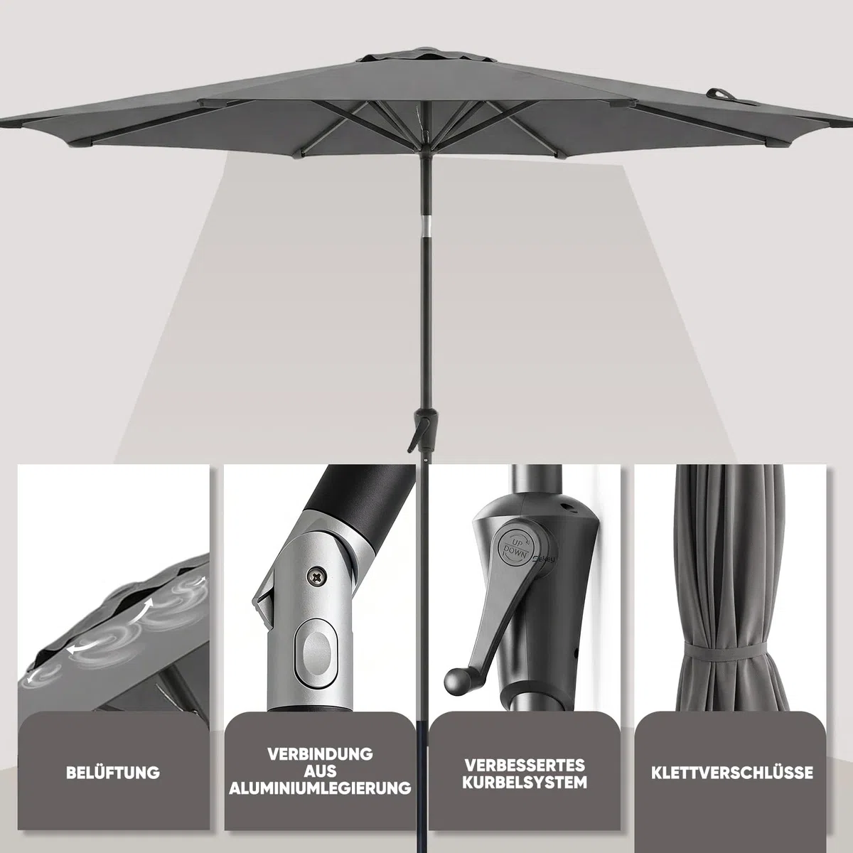 Sekey Sonnenschirm 300 cm mit Kurbel, Gartenschirm wasserabweisend, Balkonschirm UV-Schutz bis UPF 50+, Terrassenschirm neigbar & 8 Streben für Garten, Balkon & Terrasse, Grau