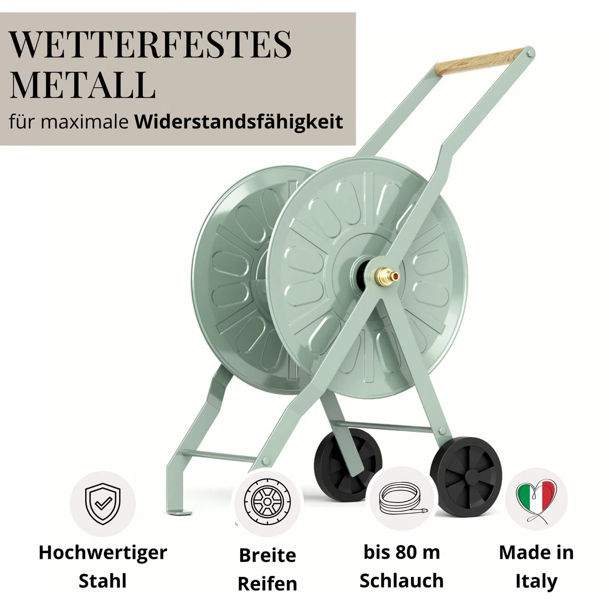 LIVLIG Schlauchwagen Metall, Premium Wagen mit Pulverbeschichtung Made in Italy, Schlauchwagen bis 80m Gartenschlauch, Gartenschlauch Trommel in Grün