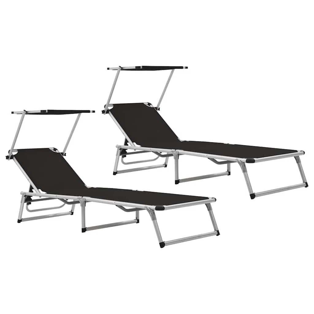 Klappbare Sonnenliege mit Dach 2er Set, Aluminium Textilene Liegestuhl, Gartenliege Strandliege Pool Terrasse Balkon Outdoor, verstellbare Rückenlehne und Sonnenschutz