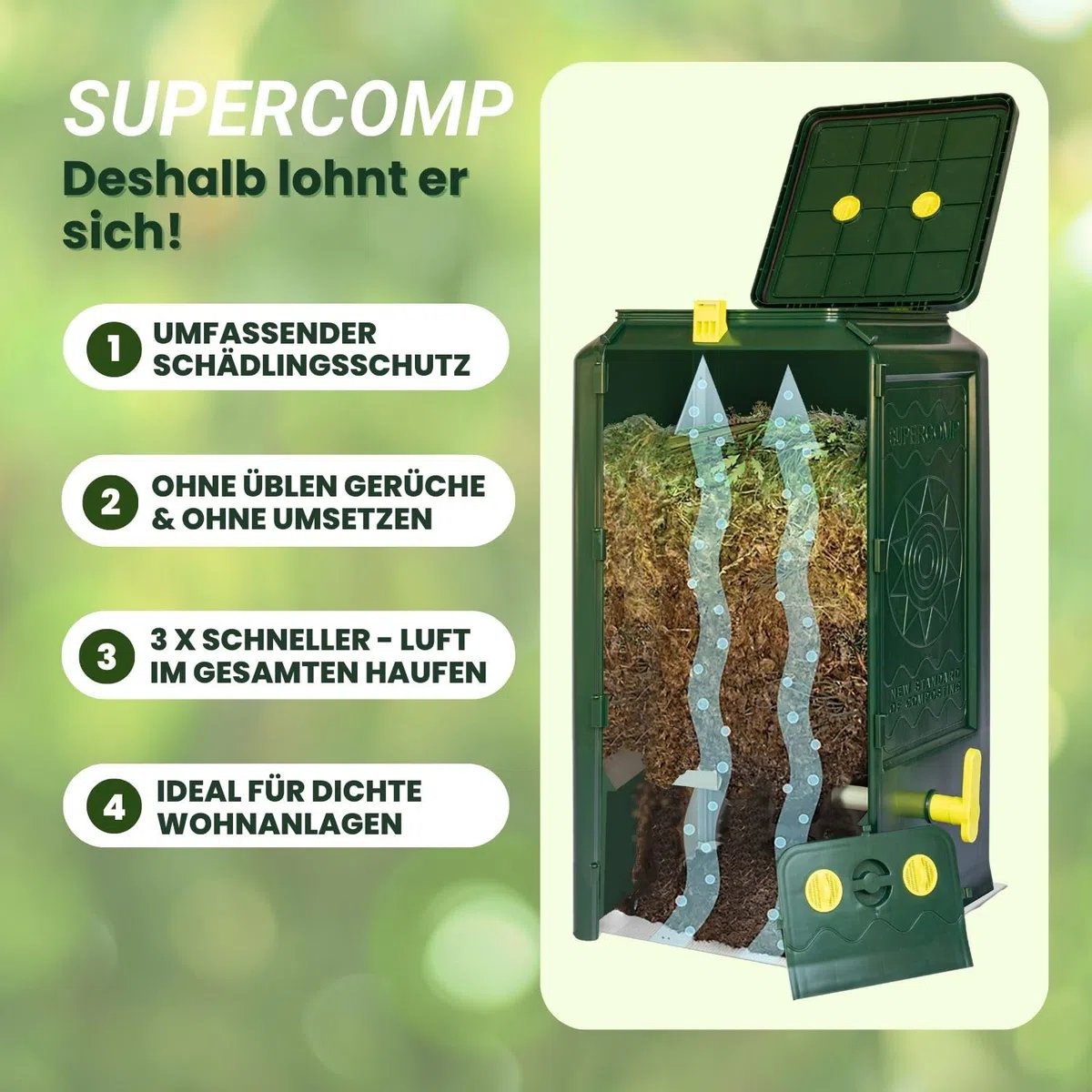 Schnellkomposter 350L | Rattensicher, Schädlingsschutz rundum Dichtungen und Gitter, geruchsfrei & ohne Umsetzen, UV- und frostbeständig