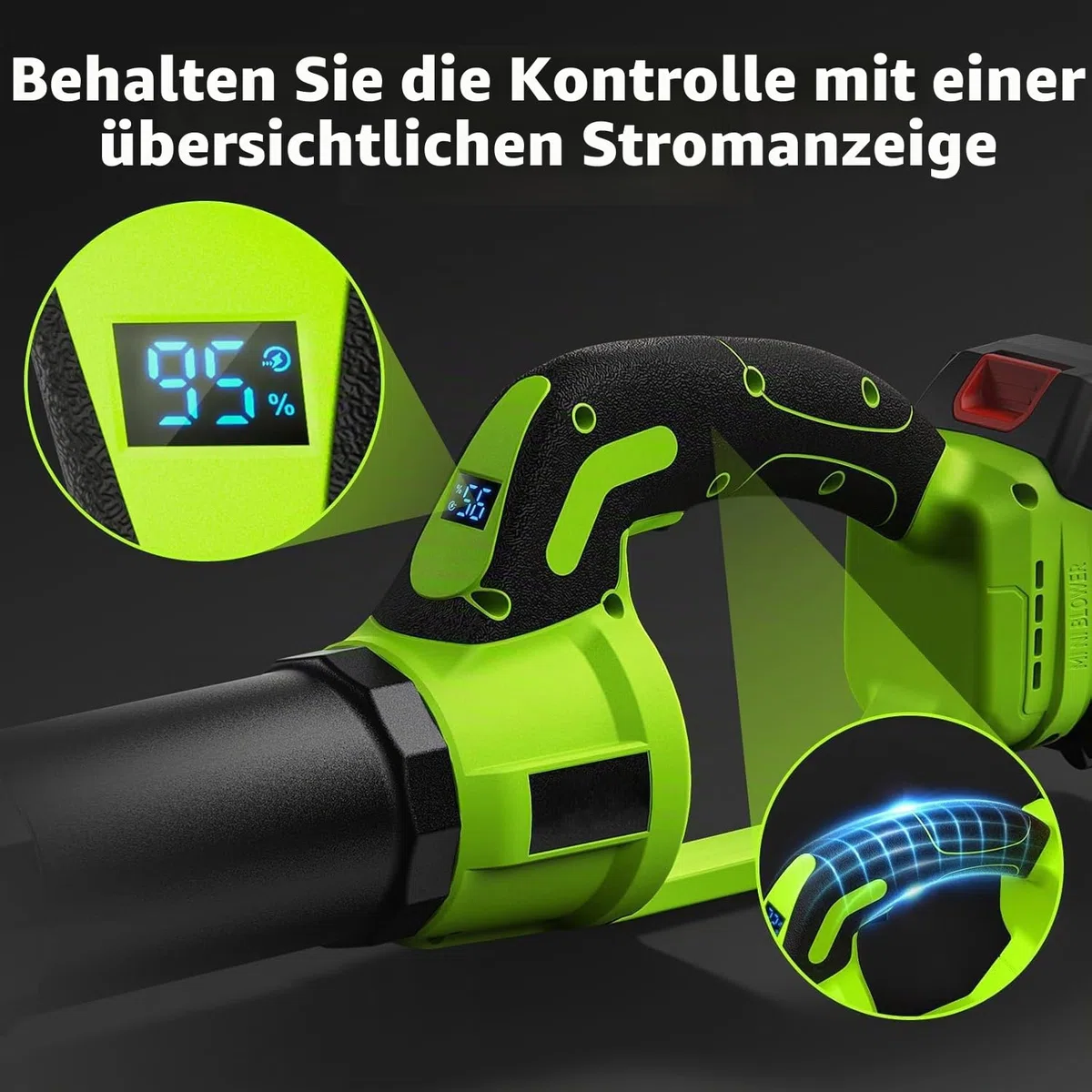 Akku-Laubbläser, 2X 21V Akkus & Schnellladegerät Set, mit stufenloser Geschwindigkeitsregelung, Leichter handgehaltener elektrischer Laubbläser für Rasenpflege, Hof, Garten, Terrasse (Grün-A)