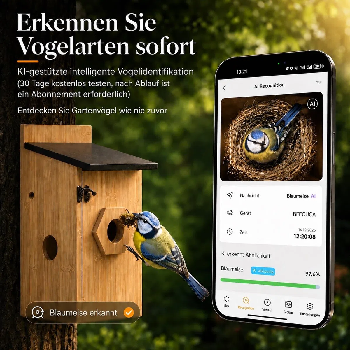 Vogelhaus mit Kamera, 5MP HD Nistkasten für Draußen mit Solarpanel Wetterfest, 2,4G WiFi und Nachtsichtmodul, Smarter Vogelbeobachtung für Wildvögel mit App-Benachrichtigung und Bewegungserkennung