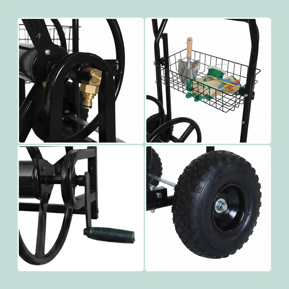 Relaxdays Schlauchwagen, 60 m, Klickkupplung, 2 Luftreifen, Stahl, abnehmbare Schlauchtrommel, Schlauchwickler, schwarz