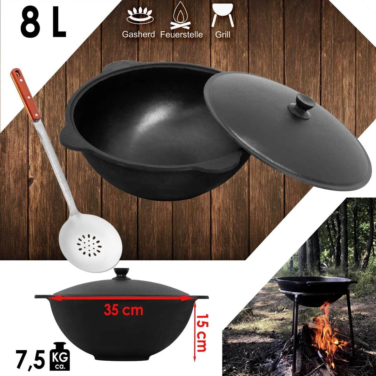 4BIG.fun Kazan aus Gusseisen 8 L mit Schaumkelle NAMANGAN Kasan Uzbekisch mit Deckel Cast Iron KESSEL Uzbek Camping Usbek Schwenktopf Asia WOK Topf mit Aluminium Deckel Grillwok Gusstopf Wokpfanne