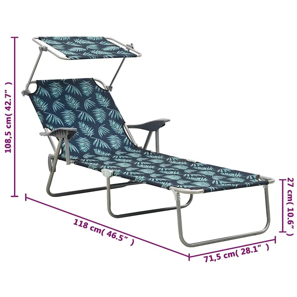 Klappbare Sonnenliege mit verstellbarem Dach aus pulverbeschichtetem Stahl, Rückenlehne verstellbar, für Garten und Strand