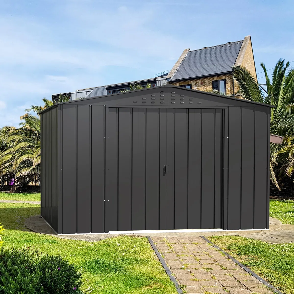 Duramax TOP 10 x 8 (7.28 m²) Metall gerätehaus, hergestellt aus verzinktem Stahl, verstärkte Dachkonstruktion, wartungsfreies und witterungsbeständiges Metallgerätehaus, Geräteschuppen, Anthrazit