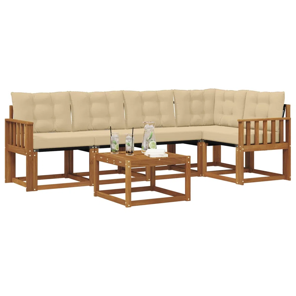 Outdoor-Sofagarnitur 6-teilig mit Kissen aus massivem Akazienholz und beige Textilene, wetterfestes Gartenmöbel-Set mit Tisch, bequemer Sitzgruppe für Terrasse und Poolbereich