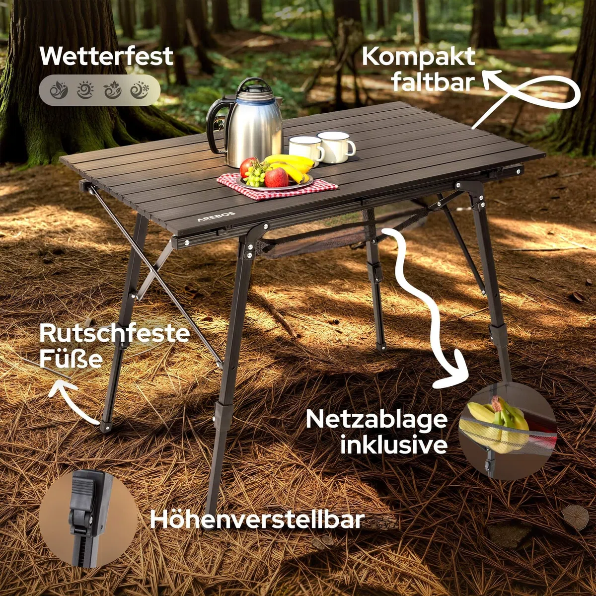 Arebos Campingtisch faltbar 90 x 51,5 cm | Klapptisch höhenverstellbar 47-69 cm | Camping Zubehör, Garten, Grill, Picknick | Camping Tisch klappbarer Falttisch | Reisetisch inkl. Tragetasche | Schwarz