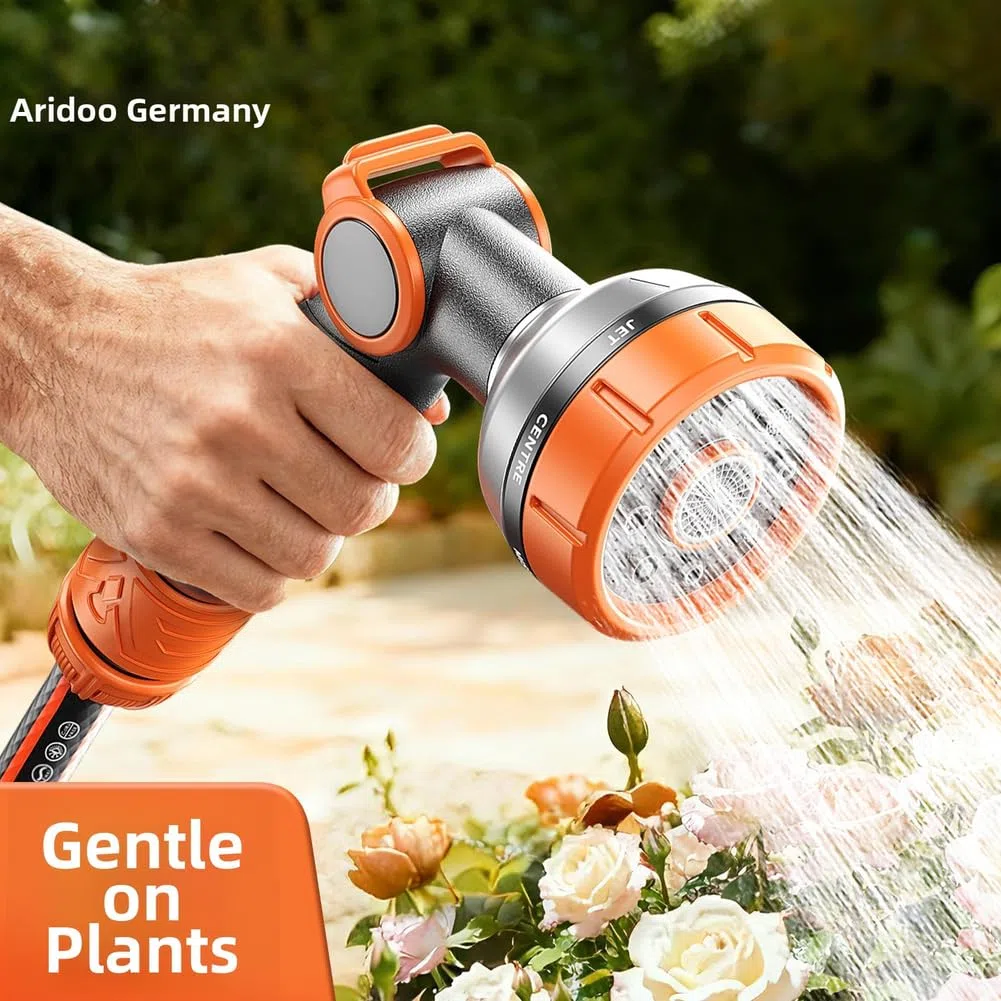 Gartenschlauchdüse mit 8 Mustern, robustes Wasserspray für Autopflege, Blumenbeete und allgemeine Reinigung, temperaturbeständig mit einfachem Schalter, Orange (D)