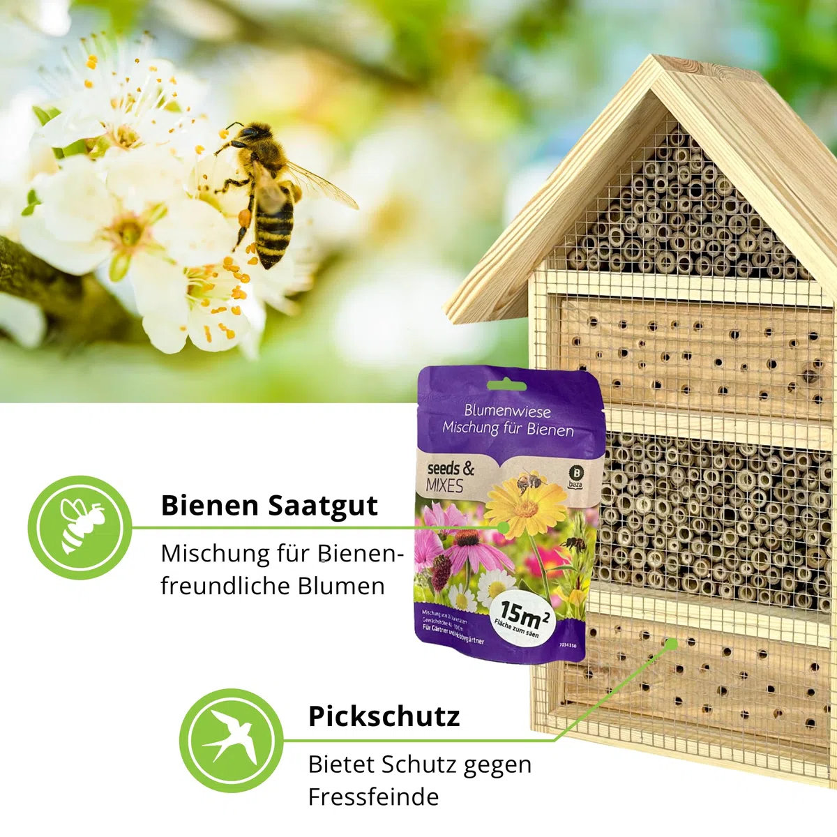 GARTENETAGE DIY Bienenhotel Geschenkset – Natürliches Bienenparadies aus Bambus & Vollholz, Inklusive Blumenwiese Mischung, Einfache Montage, Naturliebhaber