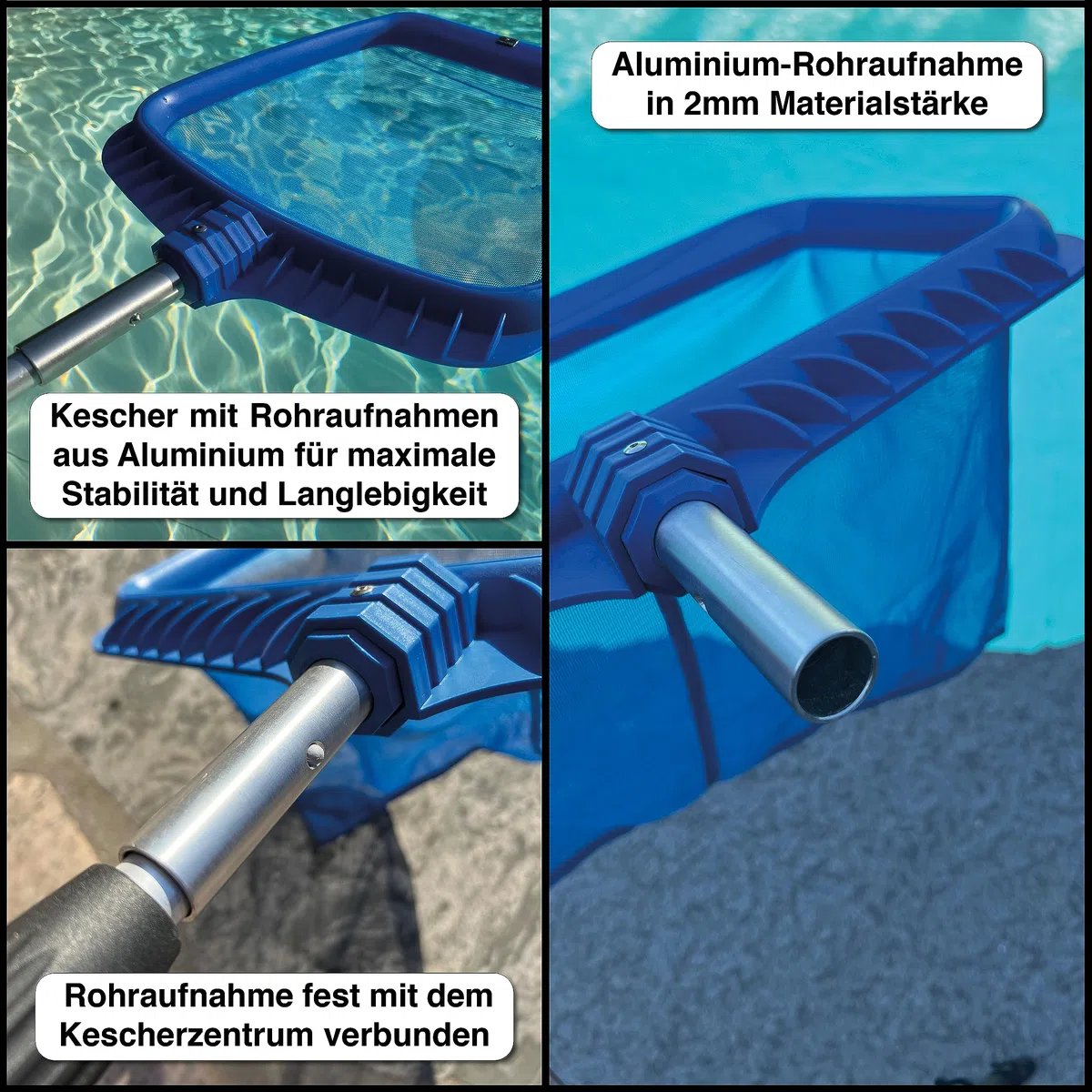 FenWi 6m Komplett Set zur Pool und Teich Reinigung und Pflege / 2X Kescher und 2X Bürste/Teleskopstange mit Oberflächenkescher Tiefenkescher Poolbürste Teichbürste