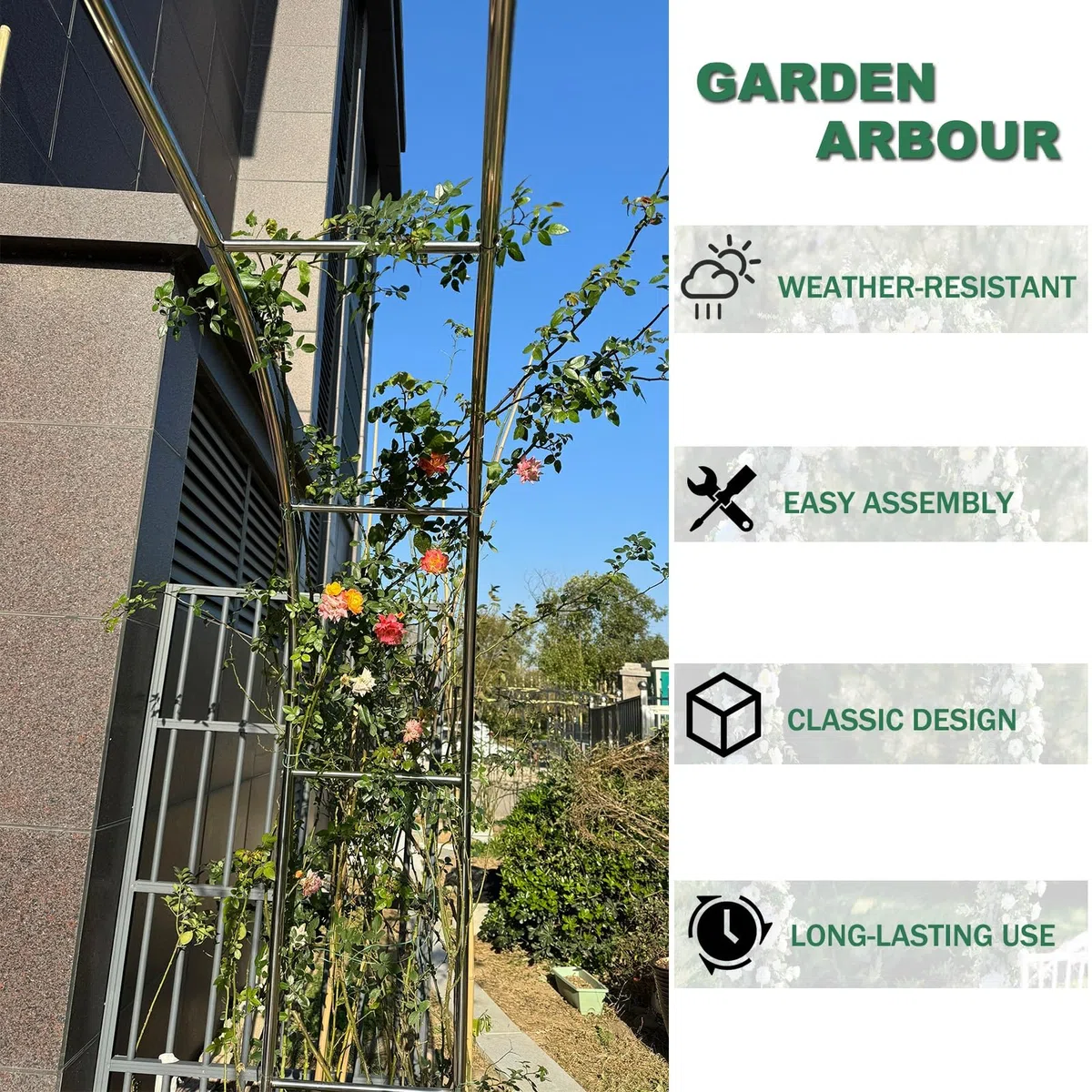 Metall-Gartenbogen-Spalier, 2 m, Stahlrahmen für Kletterpflanzen, rostbeständig, schwarz, perfekt für Gartendekoration und Pflanzenunterstützung