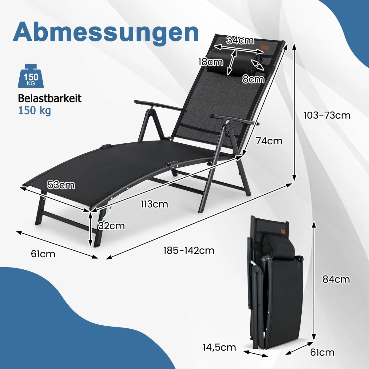COSTWAY Sonnenliege klappbar, Gartenliege mit Kopfstütze, Armlehnen und 7 verstellbaren Rückenlehnen, Klappliege bis 150 kg belastbar, tragbarer Liegestuhl für Garten, Terrasse, Balkon, Schwarz