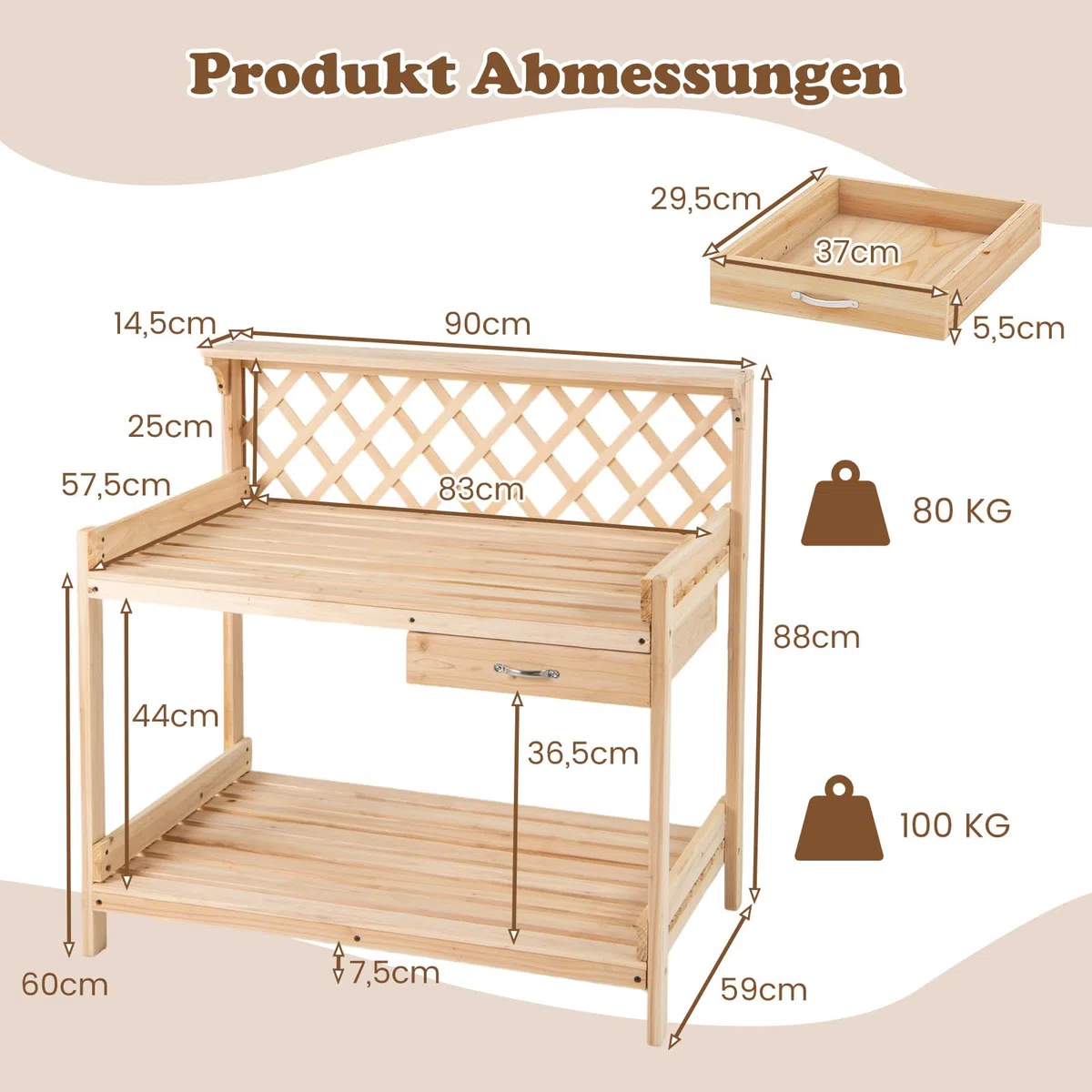 COSTWAY Pflanztisch mit Rankgitter, Gärtnertisch Holz mit Arbeitsplatte, Schublade & 2 Ablagen, Garten Arbeitstisch Tannenholz, für Garten Balkon Terrasse, 90 x 59 x 88 cm, Natur