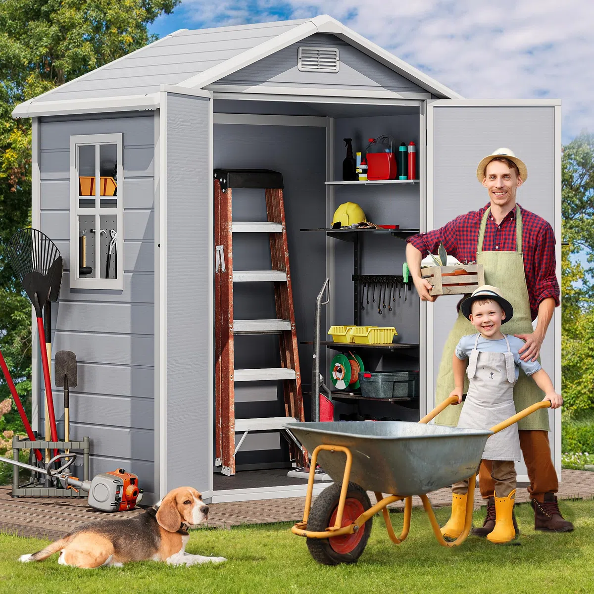 YITAHOME Kunststoff Gartenhaus 6,2x3,4 Fuß (ca. 189x104cm) mit Lüftung & Fenster, Aufbewahrungsschuppen mit abschließbarer Tür und integriertem Boden für Garten, Hof und Terrasse, Kaltgrau