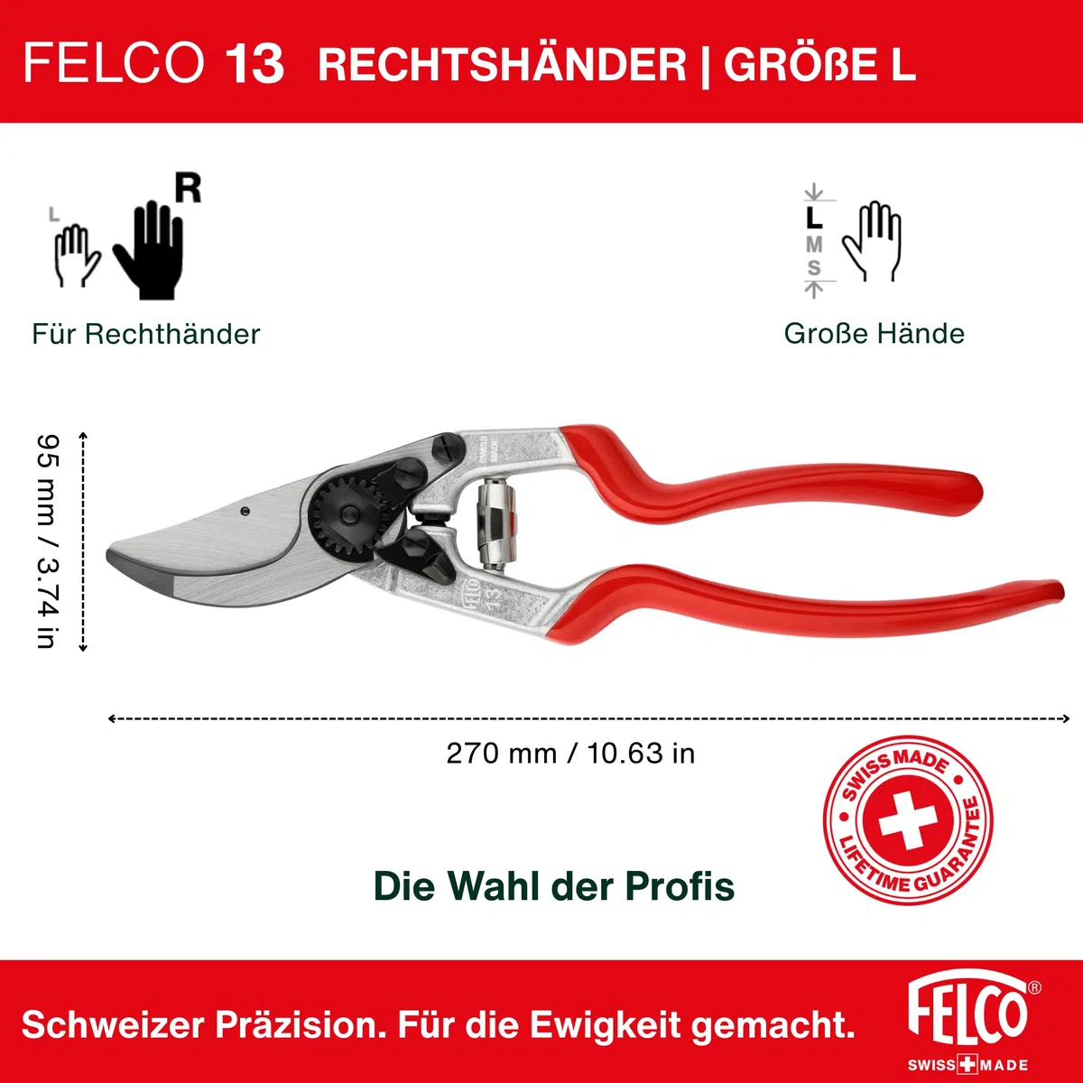 FELCO 13 Bypass-Gartenschere für Rechtshänder, große Hände, 55 mm Klinge, Schnitt bis 30 mm, verlängerter Griff für beidhändige Nutzung, ergonomisch, Swiss Made