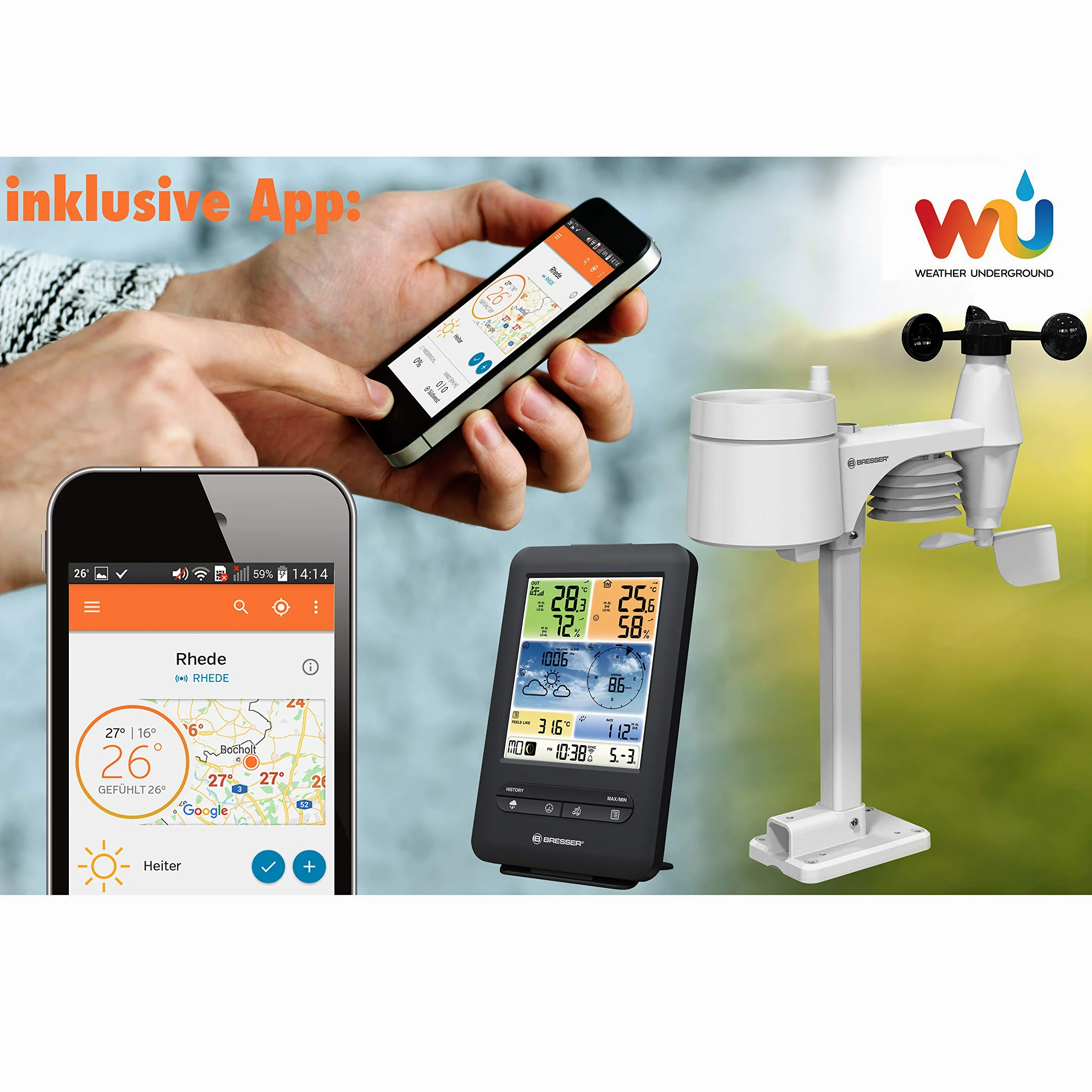 Bresser Wetterstation Funk mit Außensensor WLAN Farb-Wetter Center 5-in-1 mit Außensensor für Temperatur, Luftfeuchtigkeit, Luftdruck, Windmesser und Regenmesser, Schwarz | Innentemperatur und Außentemperatur, Luftfeuchtigkeit, Regenmesser, Windmesser, We