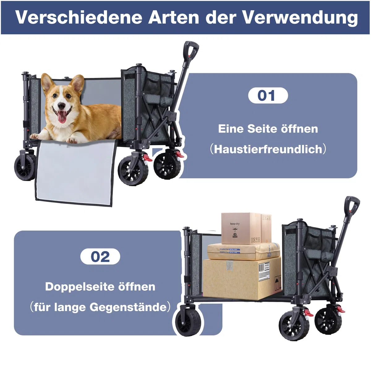 COMLAX FIELD Bollerwagen Faltbar mit Große All Terrain Räder, 120L 100KG Klappbarer Bollerwagen mit Bremsen, Strandwagen Für Strand Garten Camping Shopping, Grau