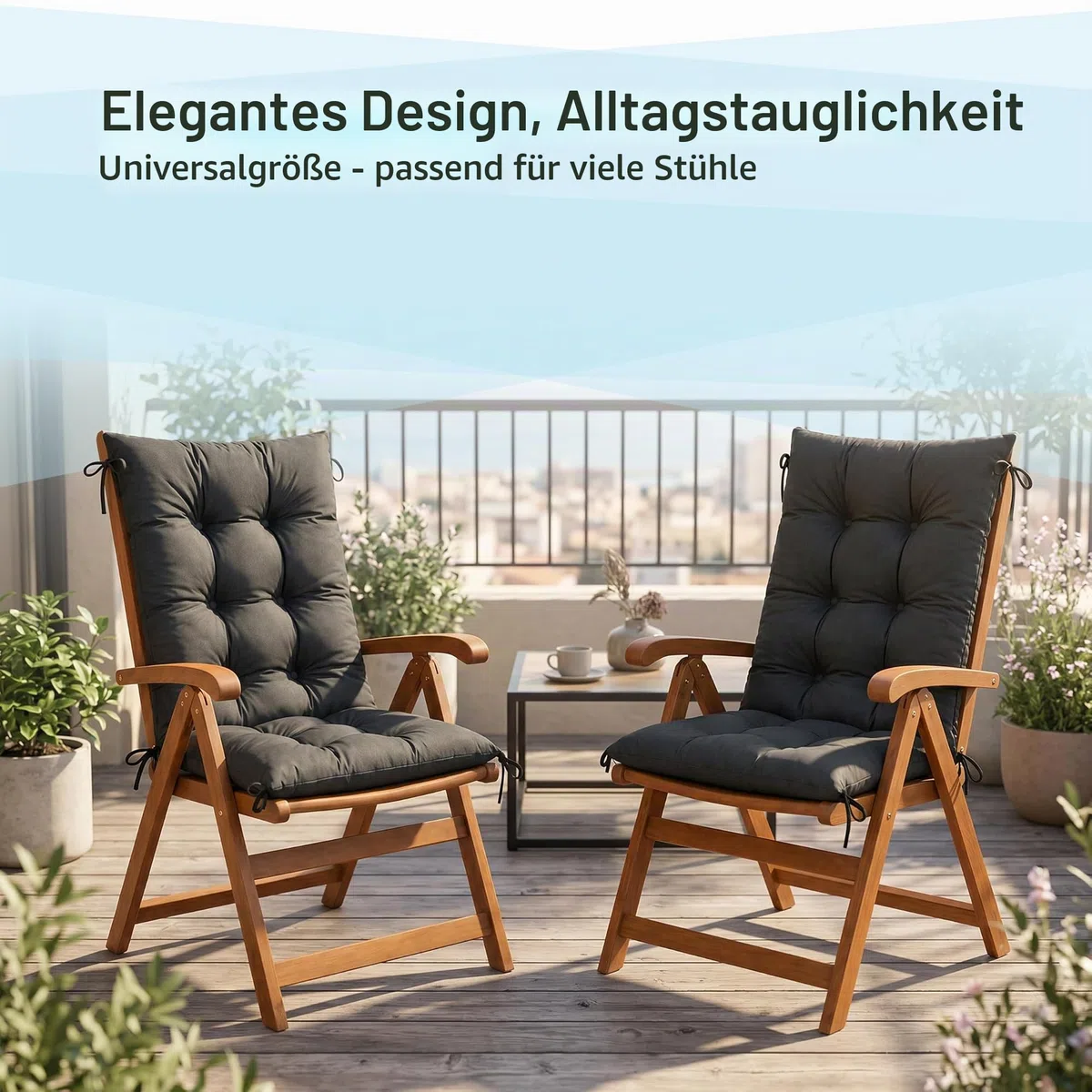 POKAR 4er Set Gartenstuhl Hochlehner Auflagen 120x50x10 cm | Gesteppte Wasserabweisende Polster | Hochlehner Sitzauflagen Gartenmöbel | Outdoor Gartenstuhlauflagen | Oeko-Tex | Made in EU | Anthrazit