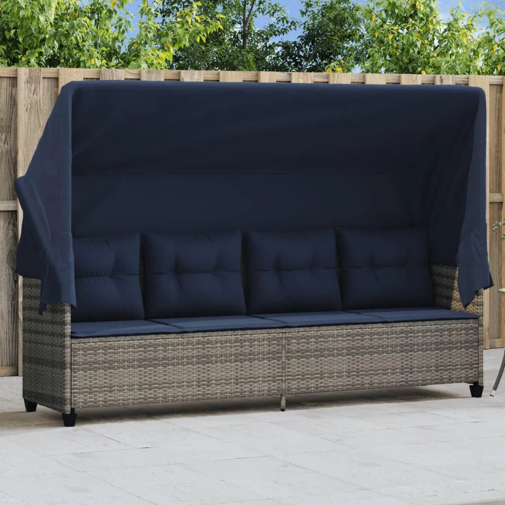 Sonnenliege mit Dach und Kissen Grau Poly Rattan, relaxliege wetterfest gepolstert, verstellbar für Garten Balkon Terrasse Pool, ergonomisch mit armlehne und UV Schutz