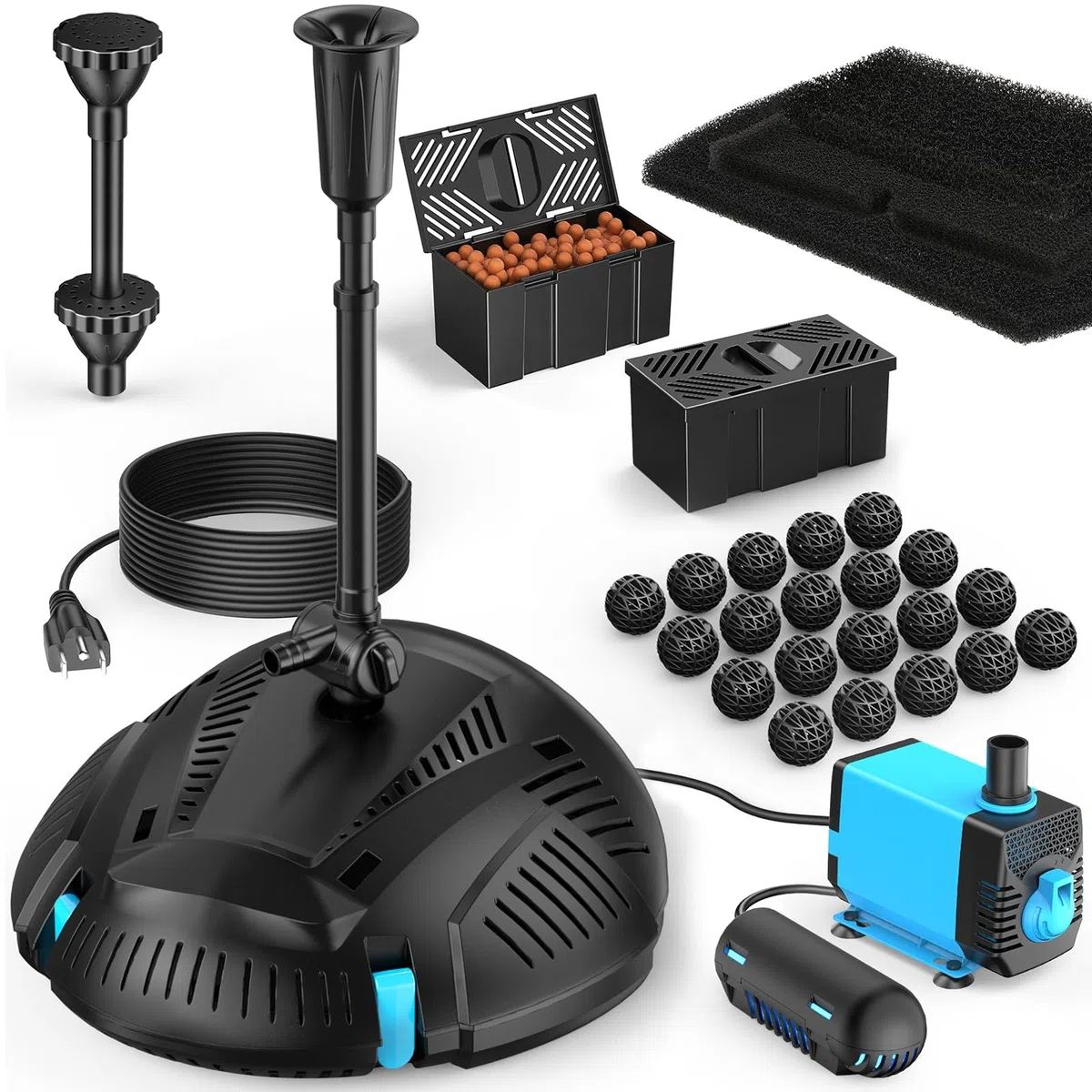 POPOSOAP Teichfilter mit integriertem UV-Klärer und Springbrunnen-Set | 2500 l/h 40W Teichfilter Komplettset mit Pumpe zur Wasserklärung, Gartenteich, Aquarium, Wasserspiele
