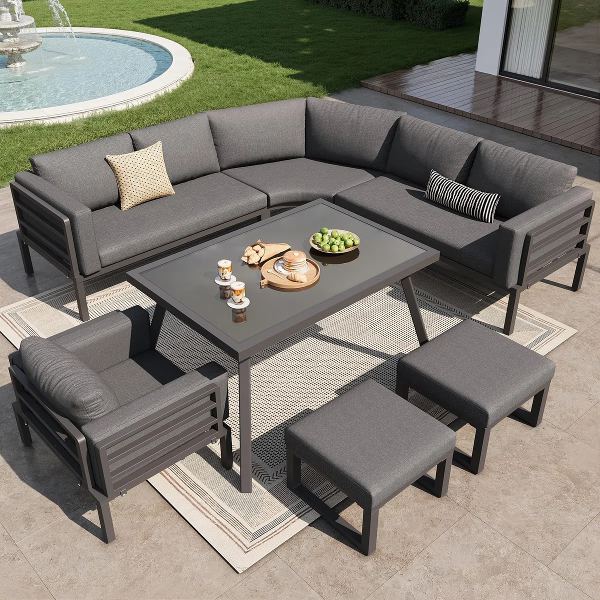 Mrwoo Halbmond Sofaset für 8 Personen mit Glastisch, 1 Sessel & 2 Hocker, Wetterfeste Gartenmöbel aus Eisengestell mit grauen Polstern für Terrasse & Balkon (Grau)