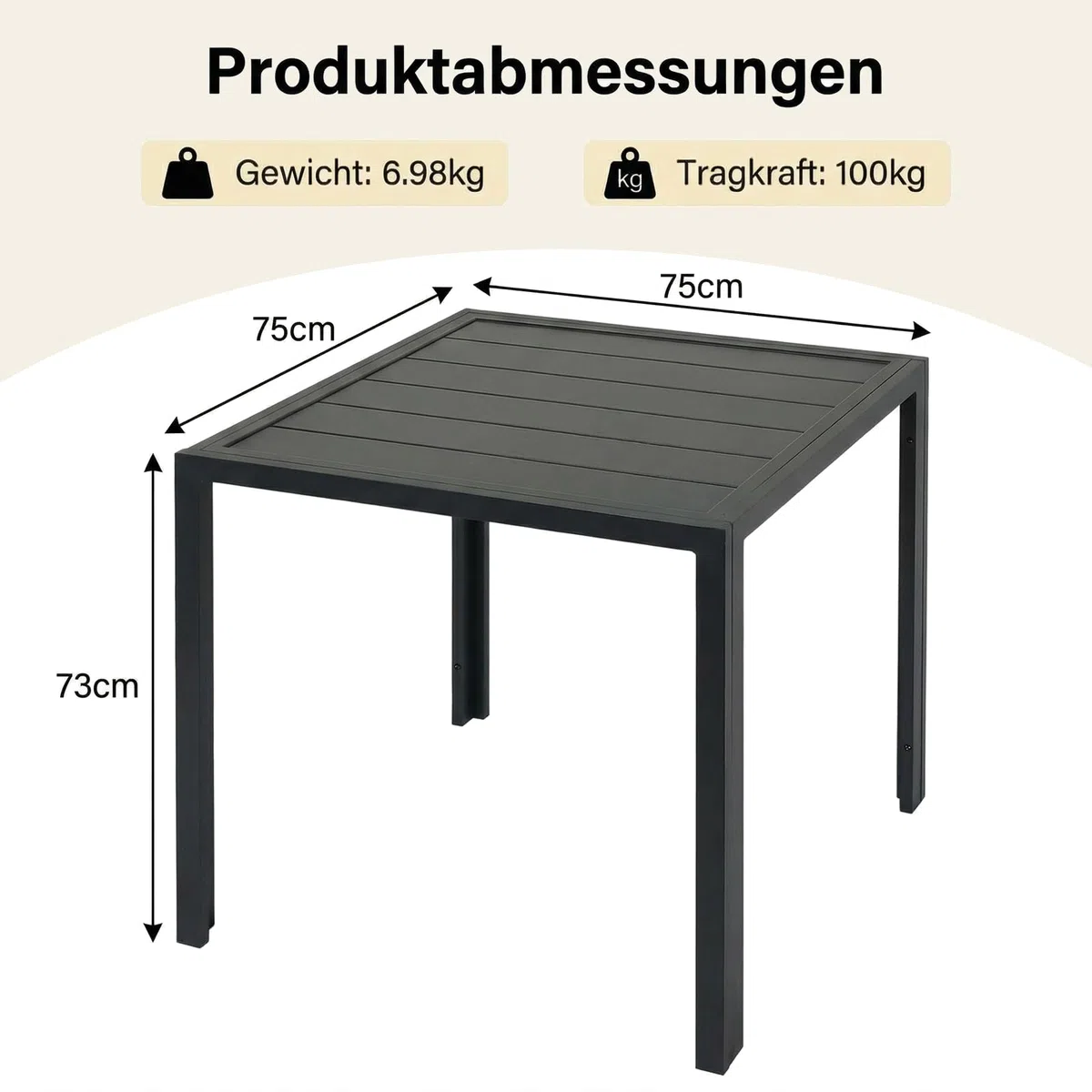 LIFERUN Gartentisch Wetterfest klein, 75x75 cm Aluminium Balkontisch | Outdoor Quadratisch Terrassentisch Vollmetalltisch für Garten, Terrasse und Balkon, Schwarz (11 cm schmales Brett)