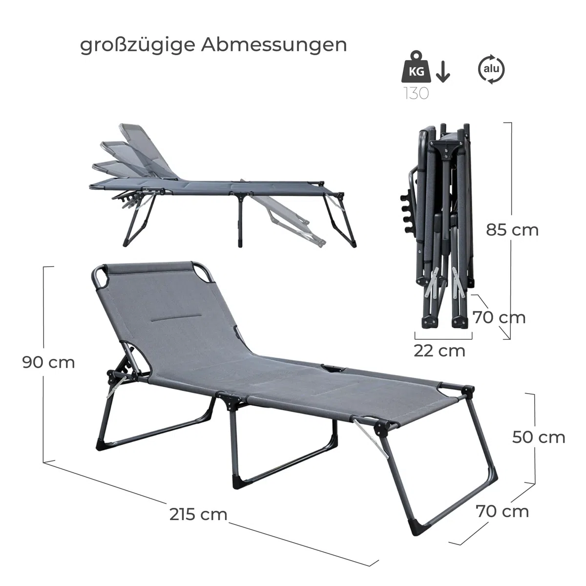 hausratplus Sonnenliege XXL Dreibeinliege Soft Touch 3D gepolstert | Abmessungen: 215 x 70 x 50/90 cm (L x B x H) 130 kg Tragkraft | 4-Fach verstellbares Kopfteil | zusammenklappbar anthrazit/grau