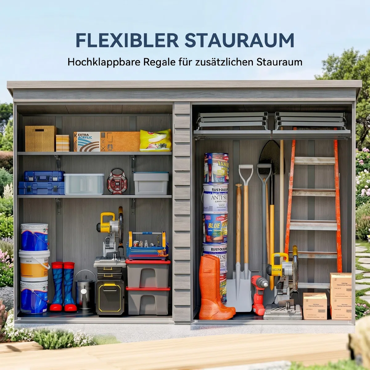 Outsunny Gerätehaus 0,8m² mit Klappbaren Regalen 134 x 68,5 x 170 cm | Kunststoff Gartenschuppen, Schnellmontage, Doppeltür, Boden, Schloss, Handschuhe, Geräteschuppen für Werkzeuge