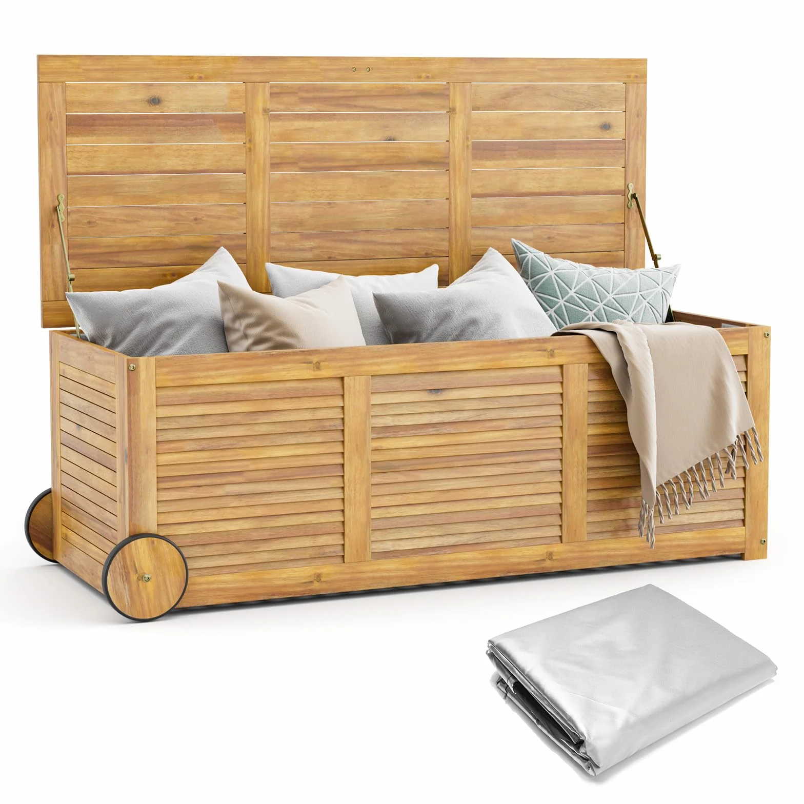 HOMASIS Auflagenbox 182L mit Rollen, Gartenbox aus Akazienholz, Kissenbox mit wasserdichte Innentasche, Gartenbox Gartentruhe mit Griff, Auflagentruhe 150 kg belastbar, Aufbewahrungstruhe Kissentruhe