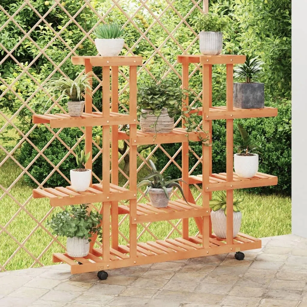 Blumenständer mit Rollen 110x25x115 cm Pflanzenregal Holz Indoor Outdoor Mehrstöckig Pflanzentreppe Tannenholz Symmetrisch Blumenregal für Wohnzimmer Balkon Terrasse Natur