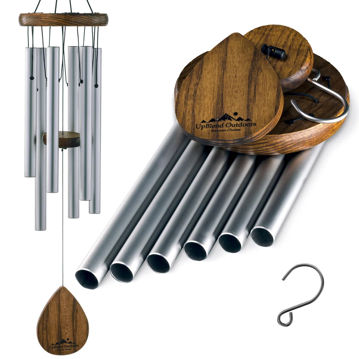 UpBlend Windspiel für draußen Geschenk – Tiefes Klang-Windspiel mit dekorativem Stein – Veranda- und Terrassendekoration, Elegantes Outdoor-Ornament, Gartengeschenke. 71,1 cm, Silber