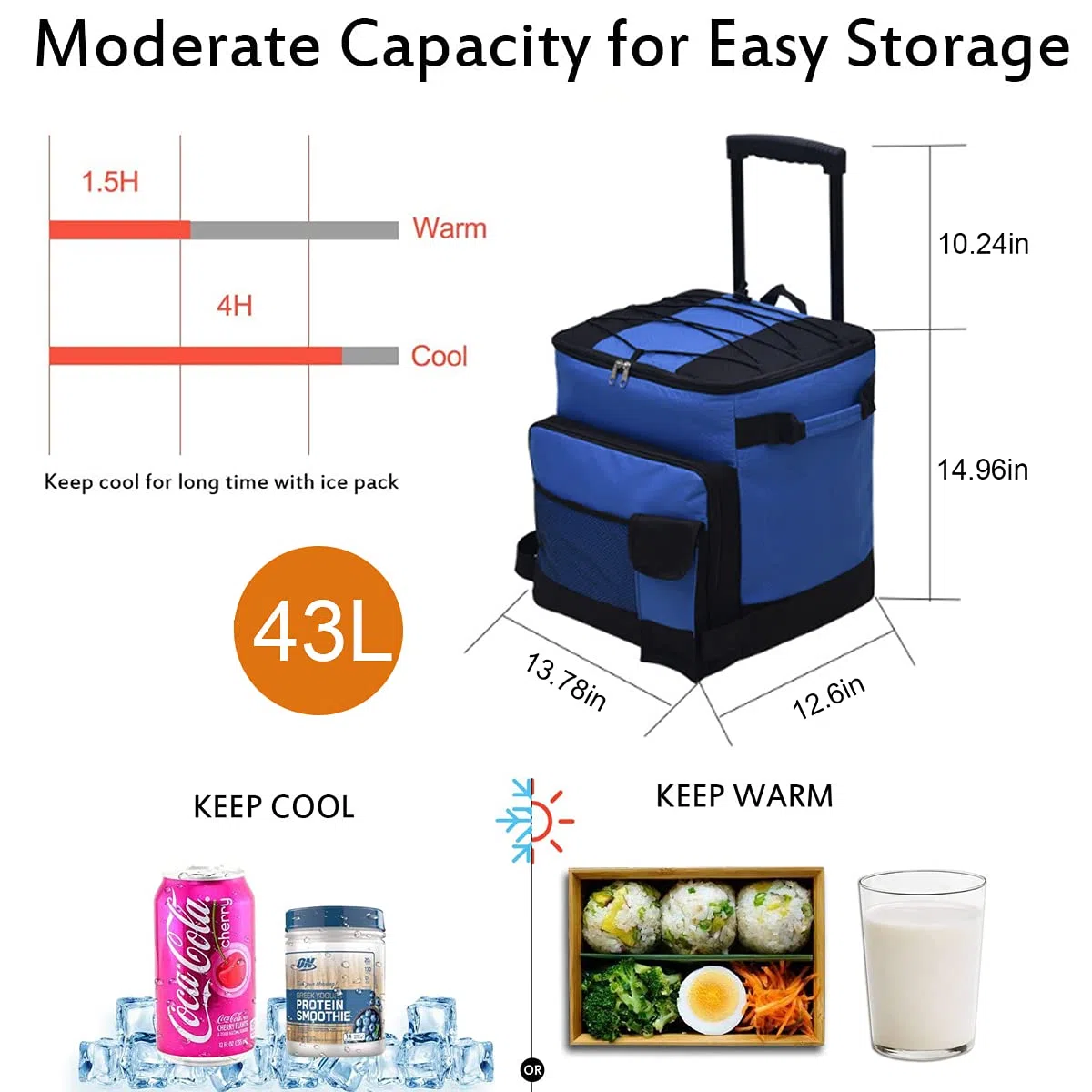 43L Kühltasche Gross Picknicktasche Faltbar Lunchtasche Mittagessen Tasche Thermotasche Isoliertasche mit Spurstangen und Rollen,für Campingtasche Picknick Outdoor Reisen Einkauf Auto (Blau)
