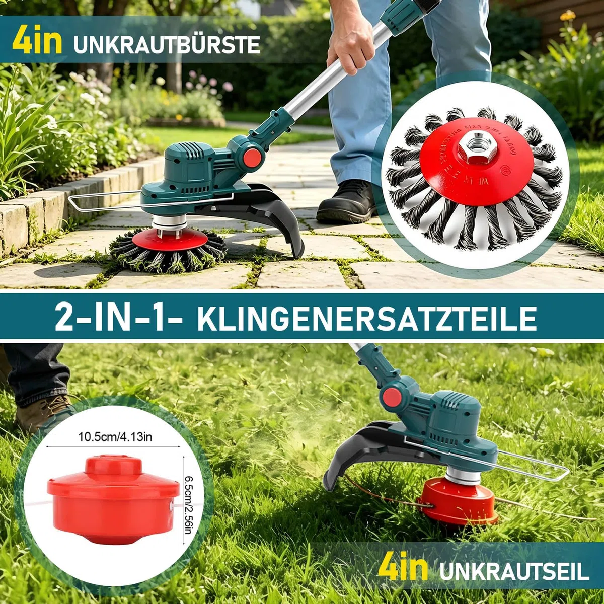 Rasentrimmer mit akku und Unkrautbürste, Kompatibel mit 18V-25V Lithium-Ionen-Akkus(Bürstenloser 750-Watt-Motor | 20.000 U/min|ohne Akku
