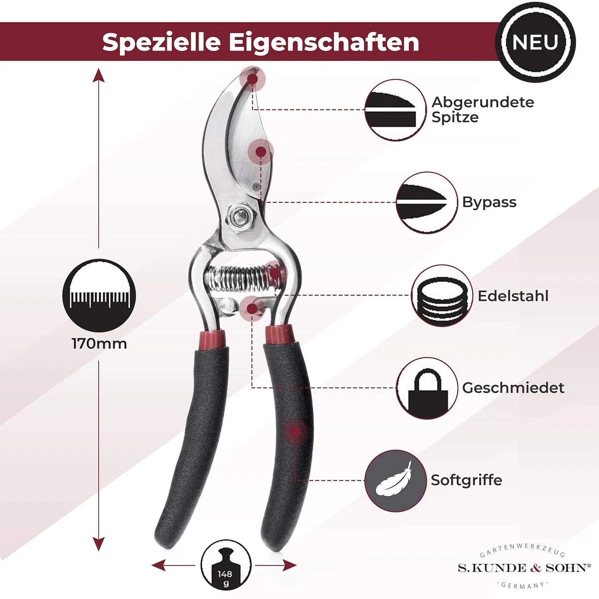 S. Kunde & Sohn Germany – die leichteste geschmiedete Gartenschere 2ER-SET 2x SKS6 – ergonomisches Design – Bypass – Rosen-Rebschere – frische Äste & Zweige bis 20mm