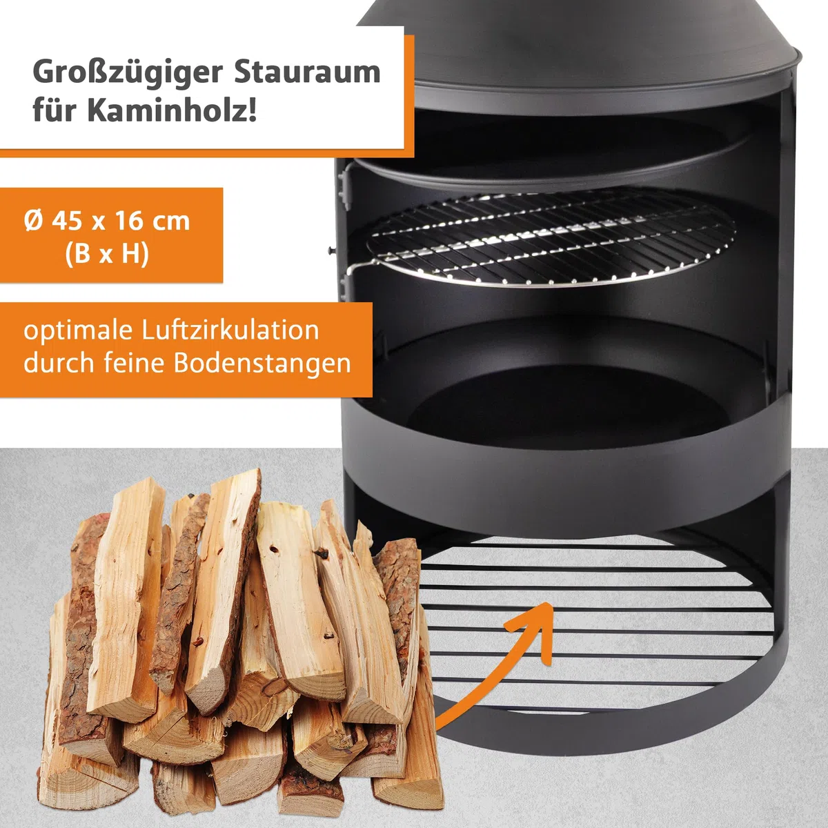 LEMODO Gartenkamin, Grillkamin mit Funkenschutztür, Terrassenofen mit Holzablage, Grillrost, Pfanne, Outdoor Gartenofen, Feuerstelle für Terrasse, Holzofen Wärmequelle für den Außenbereich