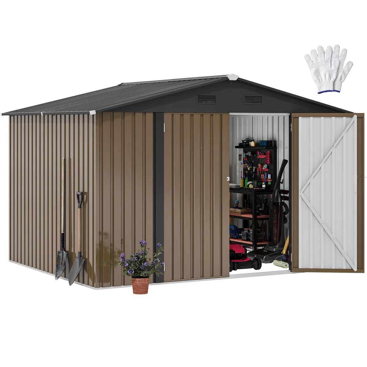 DWVO Großes Metall Gerätehaus 3x2,4 m, Stabiler Werkzeugschuppen für Garten, Terrasse & Hof, Ideal für Fahrräder, Gartengeräte & Rasenmäher, Wetterfest & Abschließbar, Braun