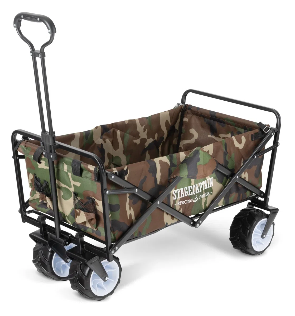 Stagecaptain BW-907 CA Bollerwagen faltbar, Camouflage | 150 kg Traglast, breite freidrehende Reifen, 600D x 300D Polyester, faltbares Metallgestell, 2 Außentaschen