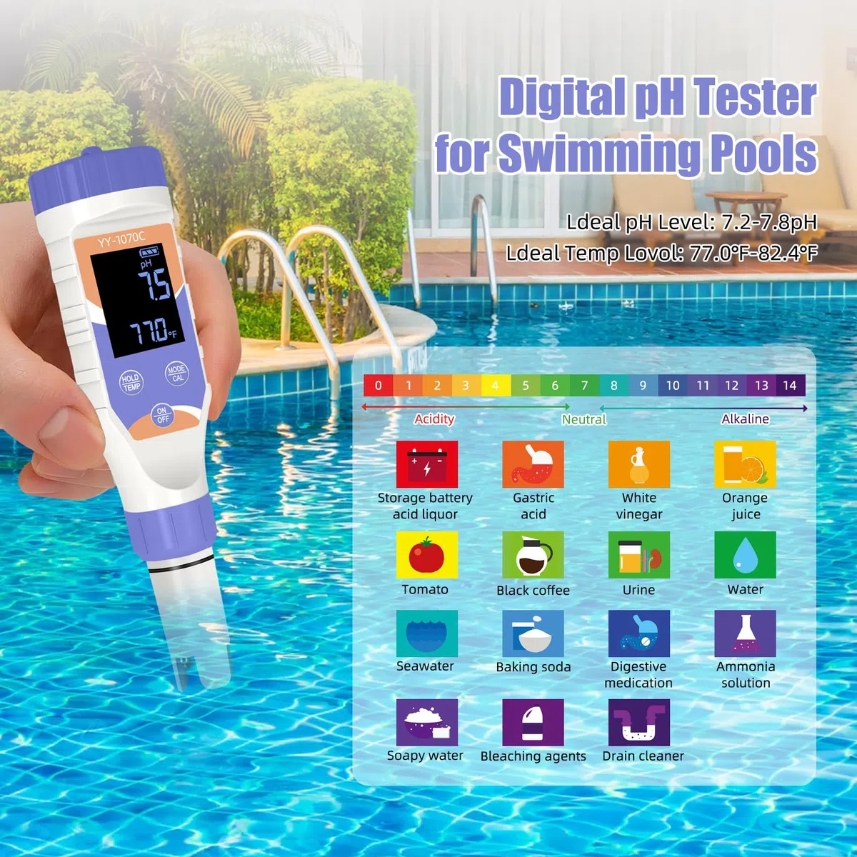7-in-1 Digitaler Pool-Wassertester – Chlor, pH, Salz, ORP, EC, TDS & Temperatur – für Salzwasserpools, Whirlpools, Spas, Aquarien & Hydroponik – Sicheres & gesundes Schwimmen