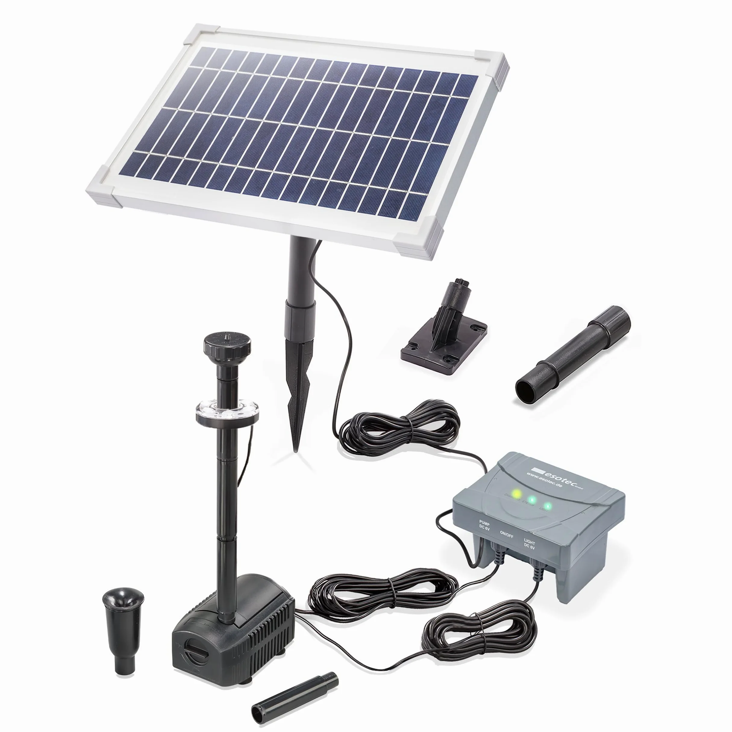 esotec Solar LED Teichpumpenset 8 400 LED, LiFePo4 Akku, Sprinklerpumpe 400/h, Erdspieß, Solarmodul 8W, Solarbrunnen Gartenteich, Wasserspiel Springbrunnenpumpe, Komplettset, außen 101936