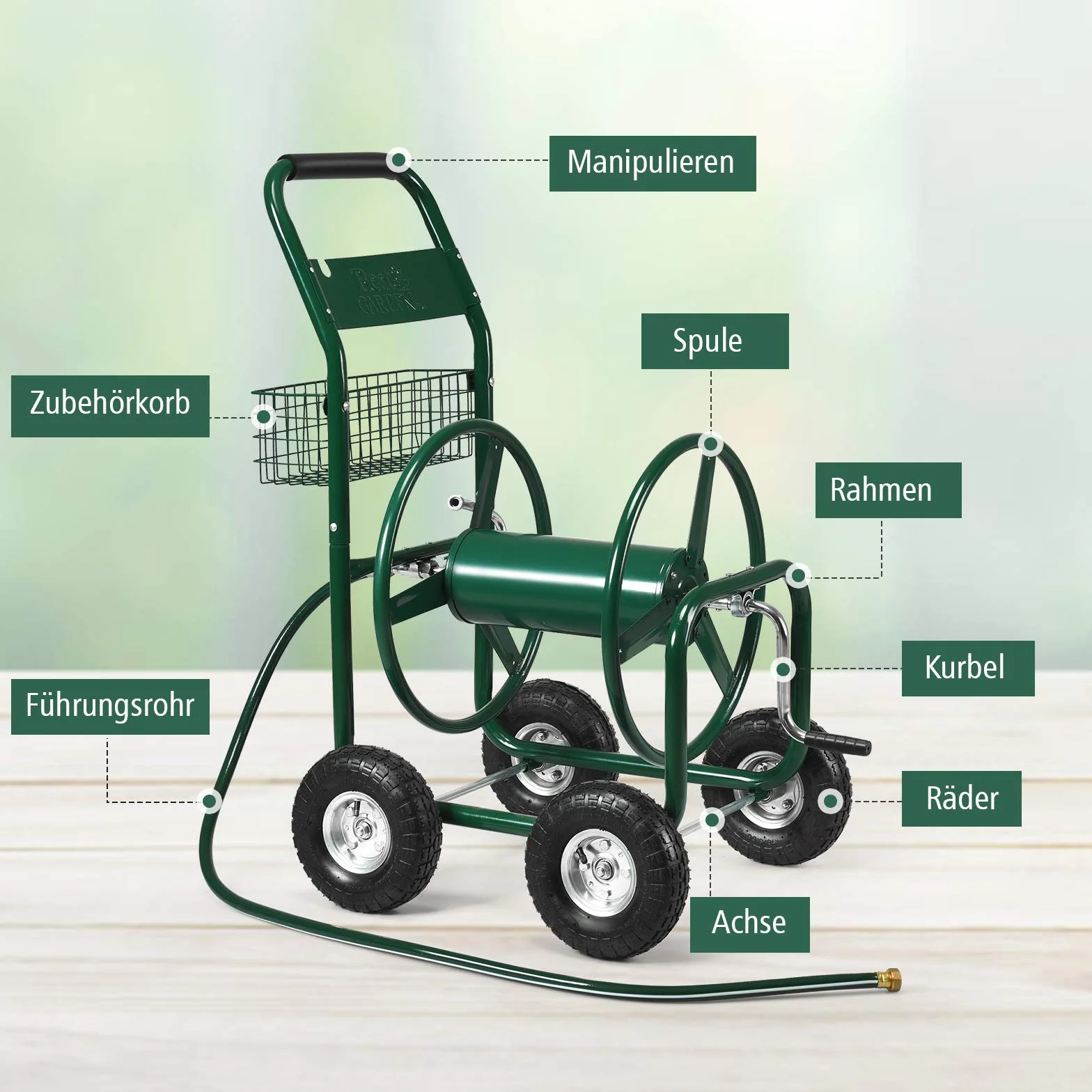 GOPLUS Schlauchwagen, Gartenschlauchwagen für 5/8" Schlauch bis 80m, Schlauchtrommel mit Korb & Gummireifen, Schlauchaufroller, aus Metall, grün, 95 x 62 x 113cm