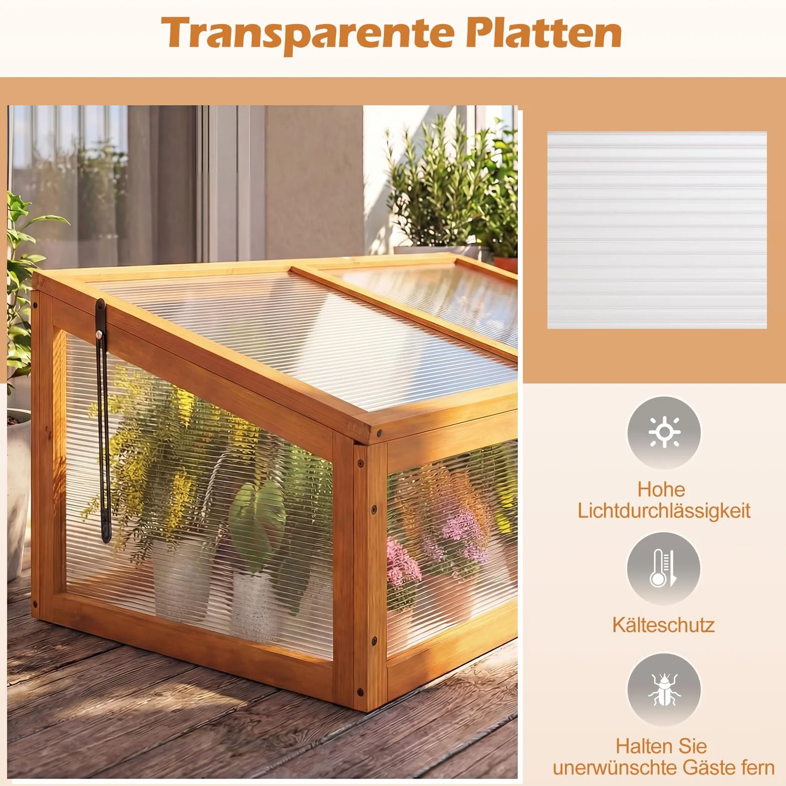 COSTWAY Frühbeet Gewächshaus, mini Treibhaus, Frühbeetaufsatz, Hochbeet Abdeckung, Frühbeetkasten Aufsatz für Garten, Terrasse & Balkon, 94 x 63 x 40 cm (Orange)