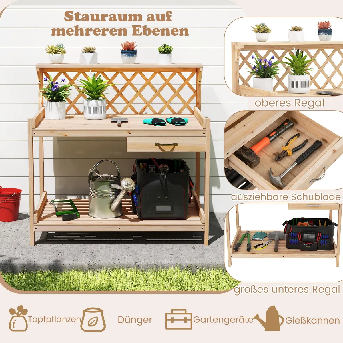 COSTWAY Pflanztisch mit Rankgitter, Gärtnertisch Holz mit Arbeitsplatte, Schublade & 2 Ablagen, Garten Arbeitstisch Tannenholz, für Garten Balkon Terrasse, 90 x 59 x 88 cm, Natur
