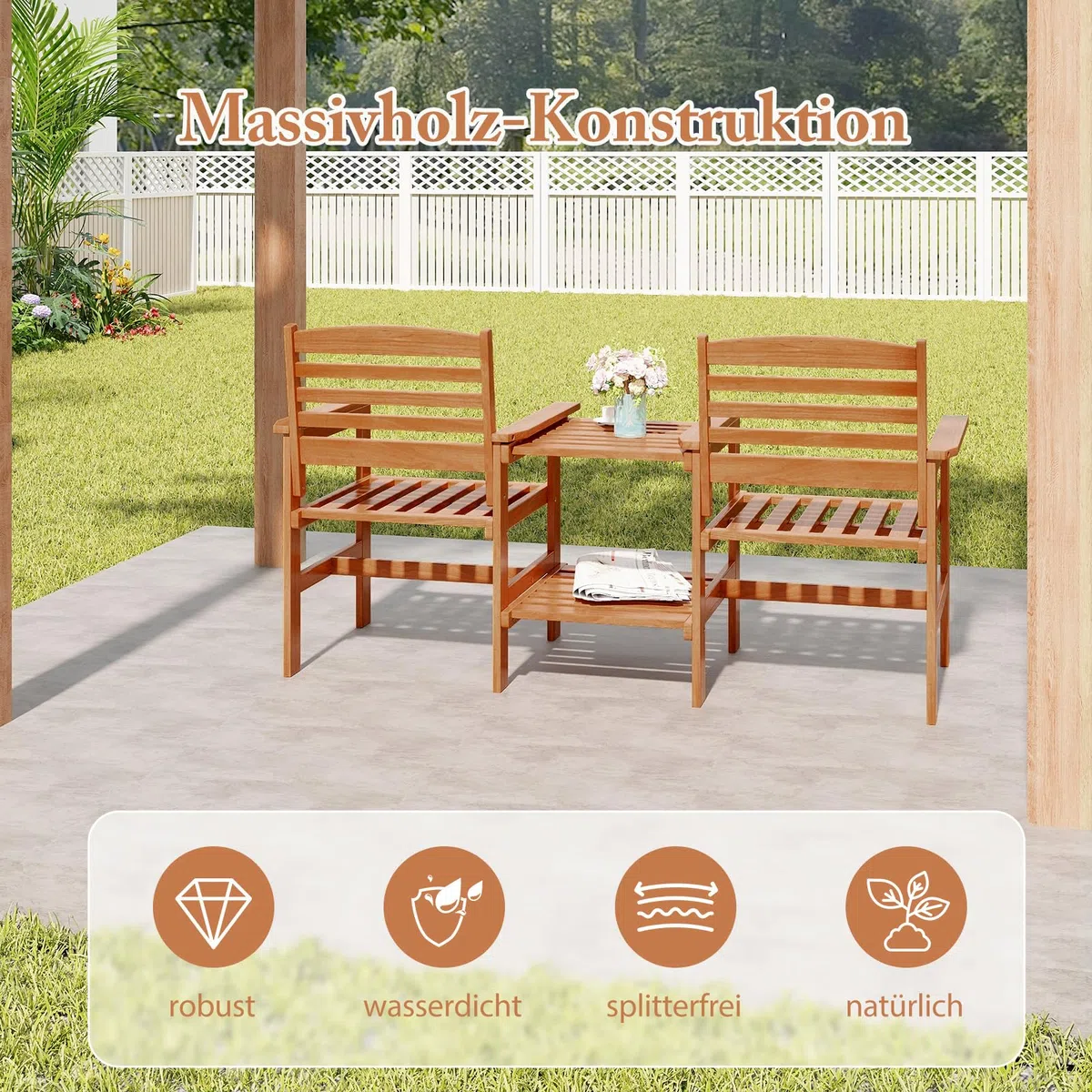 GOPLUS Gartenbank mit Tisch, 2-Sitzer Holzbank mit Schirmloch, Balkonbank aus Hartholz, Sitzbank Outdoor Sitzgarnitur, für Balkon, Garten & Veranda, 159,5 x 61,5 x 88 cm