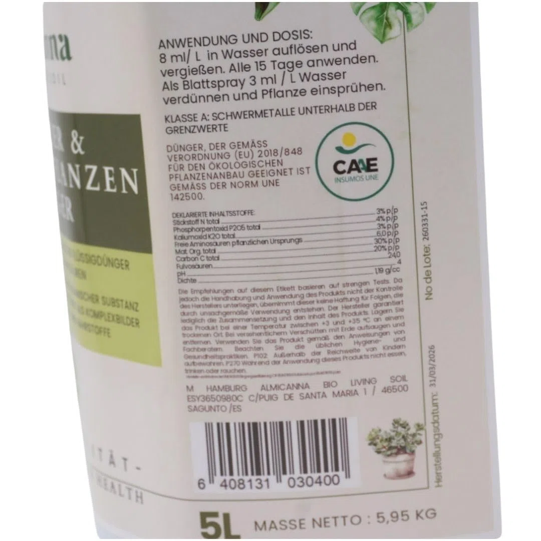 BIO Zier- & Balkonpflanzen Dünger 5L - NPK 3-4-3 Flüssig | Dünger für Kübel- & Zimmerpflanzen - Hoher Gehalt an Fulvinsäuren - Verbessert Bodenstruktur & fördert Blütenbildung