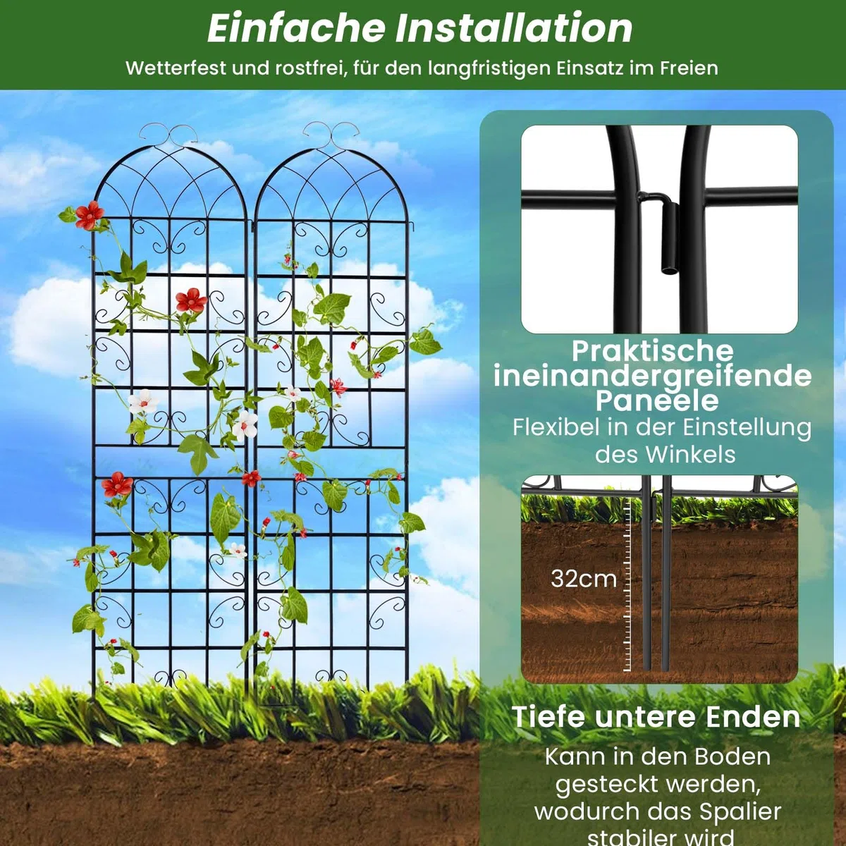 GOPLUS Rankgitter Metall 220cm hoch, 2er Set Rankhilfe, Rosenspalier mit Ranknetz, dekorativer Rosengitter, freistehende Gartenzaun Pflanzengitter für Kletterpflanzen, Blumen, zum Stecken, 220 x 50 cm