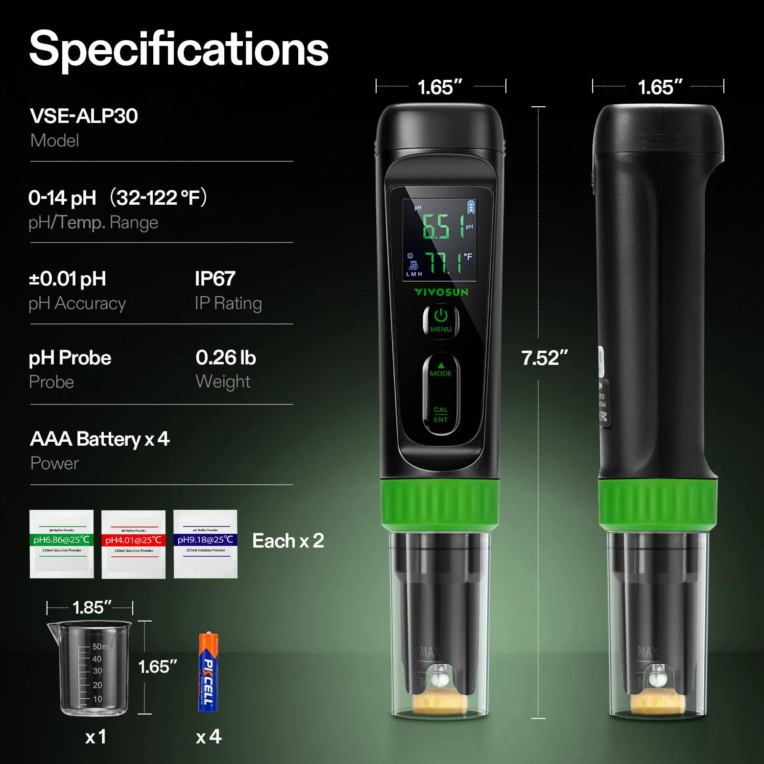 VIVOSUN Aerolab Digital pH Meter Kit ±0.01 Hohe Genauigkeit Wasserdichter pH-Tester Stift mit Austauschbarer Sonde LCD Display Auto Temperaturkompensation Kalibrierpulver für Hydroponik Gartenarbeit