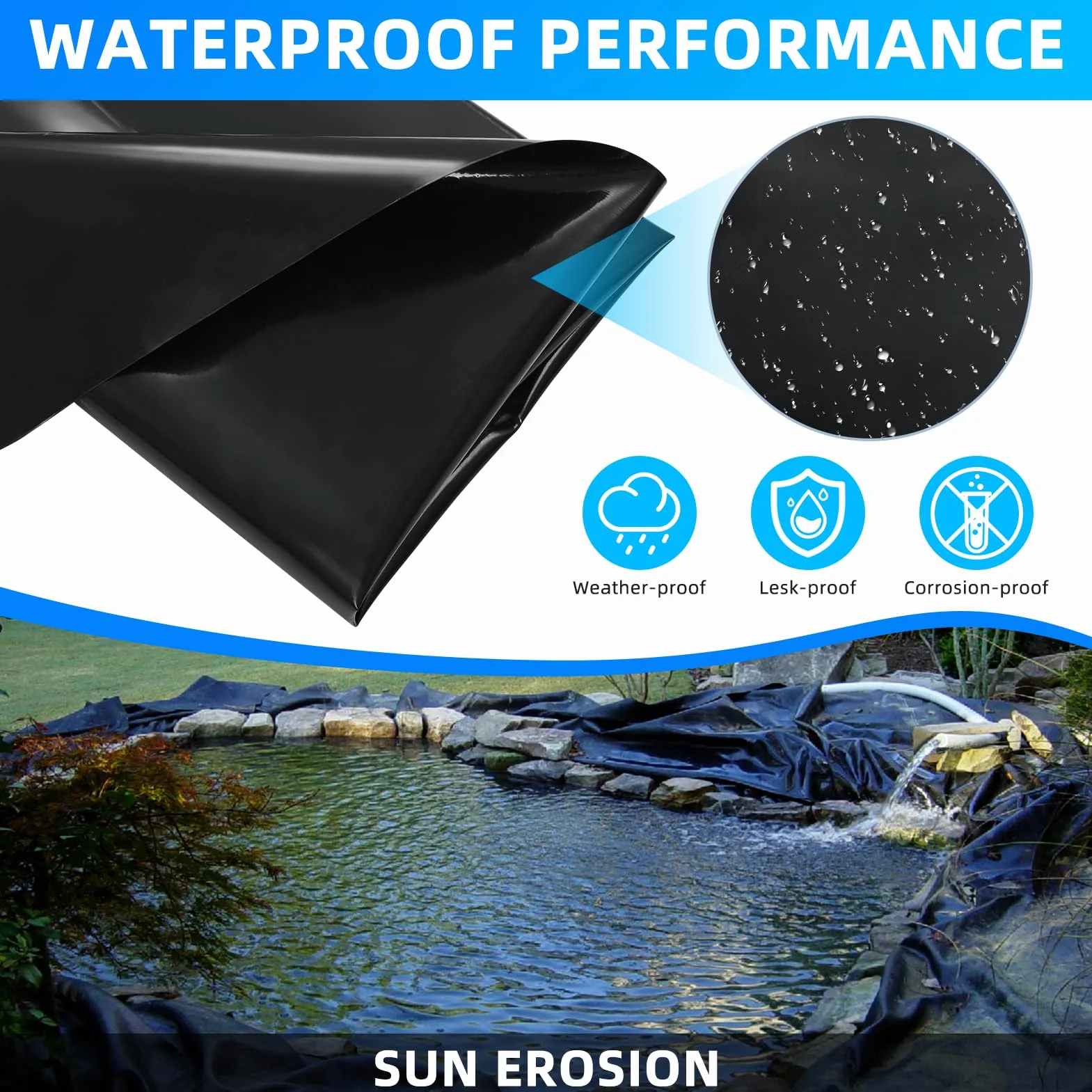 Premium PVC Teichfolie 6M X 8M, Schwarz HDPE Teichfolien Schwerlast, Dichtungsfolie Teichmembran Schwimmteich Folie Gartenteich Teichplane für Fischteiche, Brunnen, Wassergarten, Wasserfall
