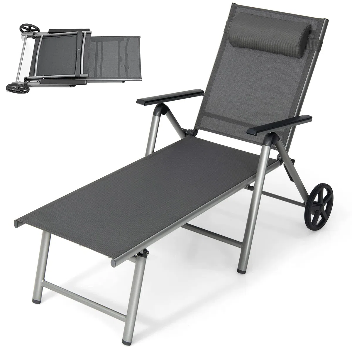 GOPLUS Sonnenliege mit Rollen, Gartenliege mit 7 Fach Verstellbarer Rückenlehne, Liegestuhl klappbar, Aluminium, Terrassenliege bis 150kg belastbar, inkl. Kopfstütze, Relaxliege Garten Balkon Pool
