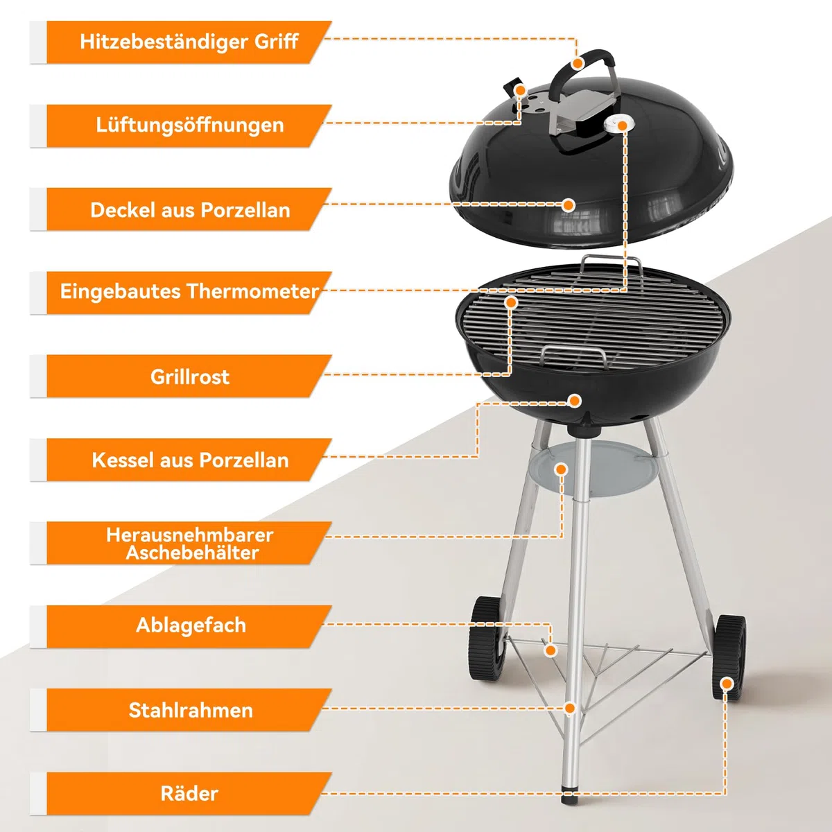 Aoxun Holzkohlegrill, 47 cm Kugelgrill mit Thermometer und regulierbarer Luftzufuhr, kratzfeste, emaillierte Grillschale, Ascheauffangbehälter, Rollen und Ablage, für Garten, und Outdoor, schwarz